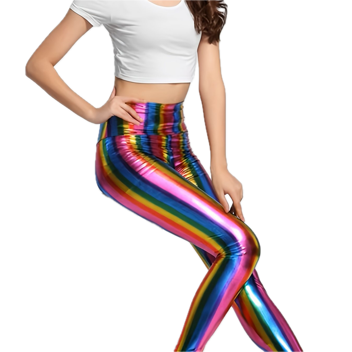 Adult Metallic Leggings Shiny Neon Stretch Dance Costume Fancy Dress Pants in Rainbow