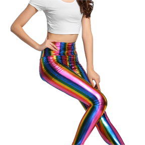 Adult Rainbow Metallic Leggings - Shiny Neon Pants for Dance Costume/80s Retro Party
