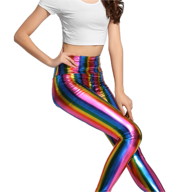 Adult Metallic Leggings Shiny Neon Stretch Dance Costume Fancy Dress Pants in Rainbow - S/M