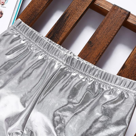 Adult Metallic Leggings Shiny Neon Stretch Dance Costume Fancy Dress Pants in Silver