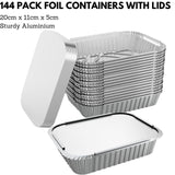 144x Medium Aluminium Foil Container Trays with Lids Bulk Pack - Food/Baking/Roasting Pans (20cm*11cm*5cm)