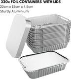 320x Large Aluminium Foil Containers with Lids (22cm*15cm*4.5cm)