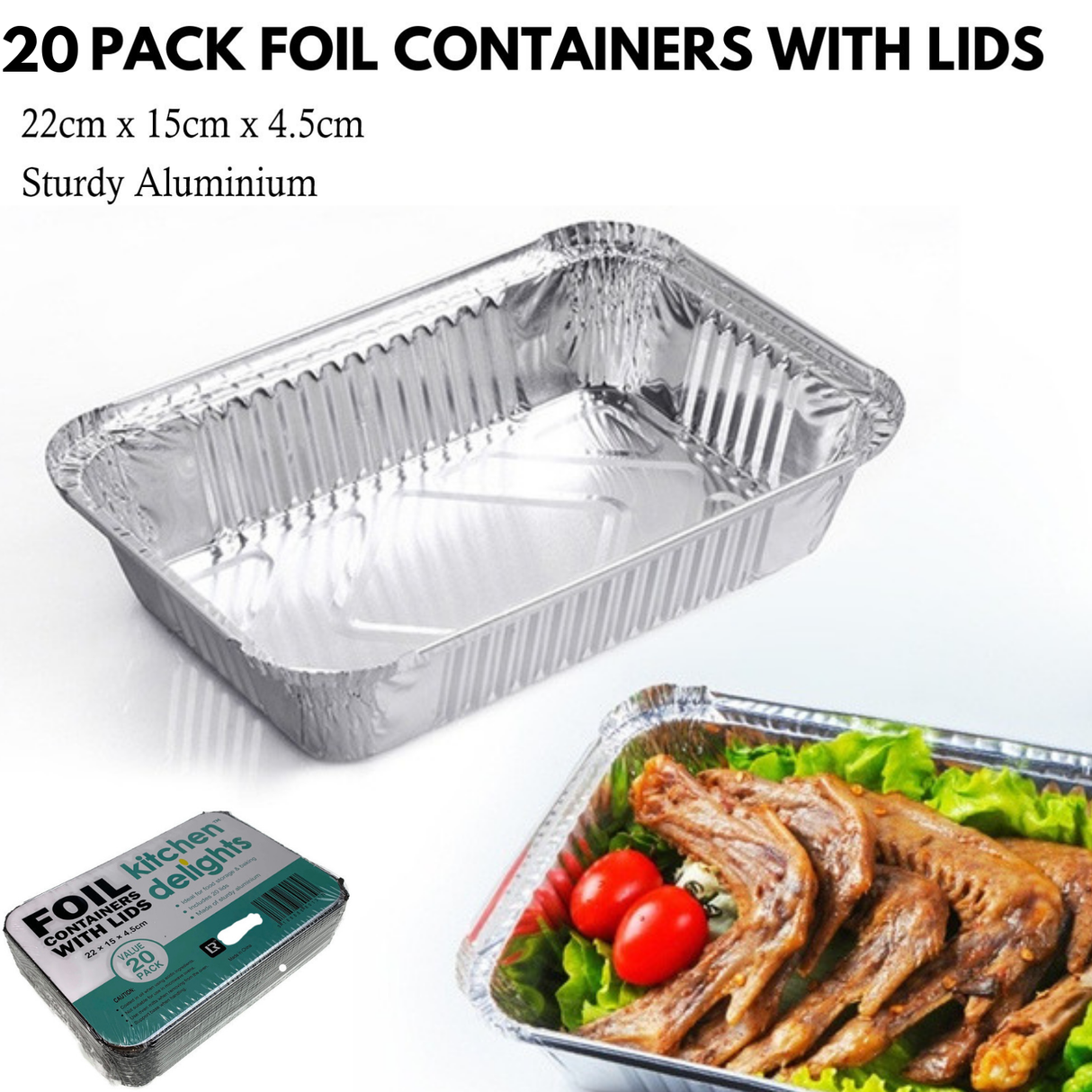 20x Large Aluminium Foil Containers with Lids (22cm*15cm*4.5cm)