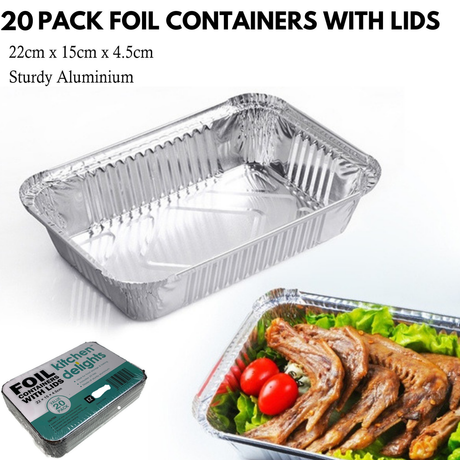 20x Large Aluminium Foil Containers with Lids (22cm*15cm*4.5cm)
