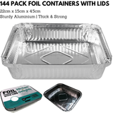 144x Large Aluminium Foil Containers with Lids (22cm*15cm*4.5cm)