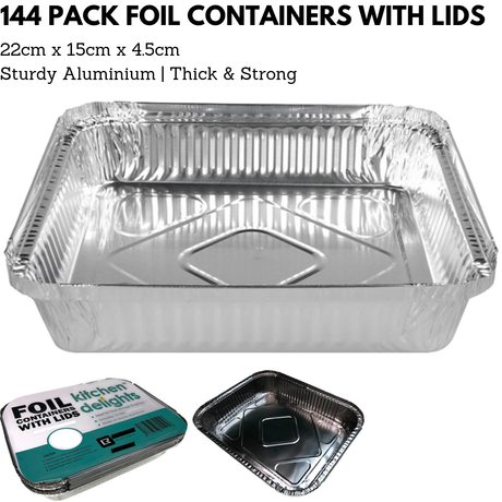 144x Large Aluminium Foil Containers with Lids (22cm*15cm*4.5cm)