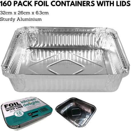 160x Extra Large Aluminium Foil Containers with Lids (32cm*26cm*6.3cm)