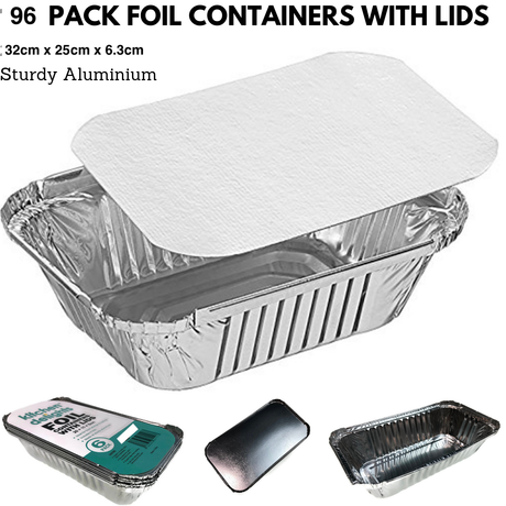 96x Extra Large Aluminium Foil Containers with Lids (32cm*26cm*6.3cm)