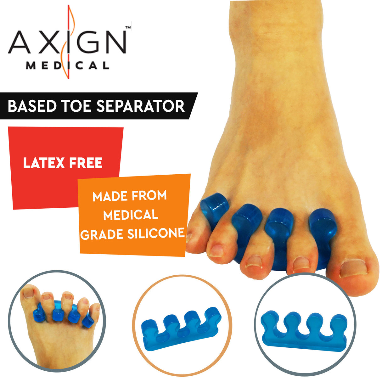 1 Pair Axign Medical Wide 5 Toe Based Separator - Silicone Bunion Spacer (Blue)