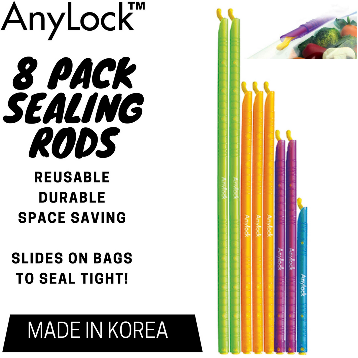 8pk AnyLock Bag Sealers/Sealing Rods - Kitchen Storage Zip Lock Stick Clips