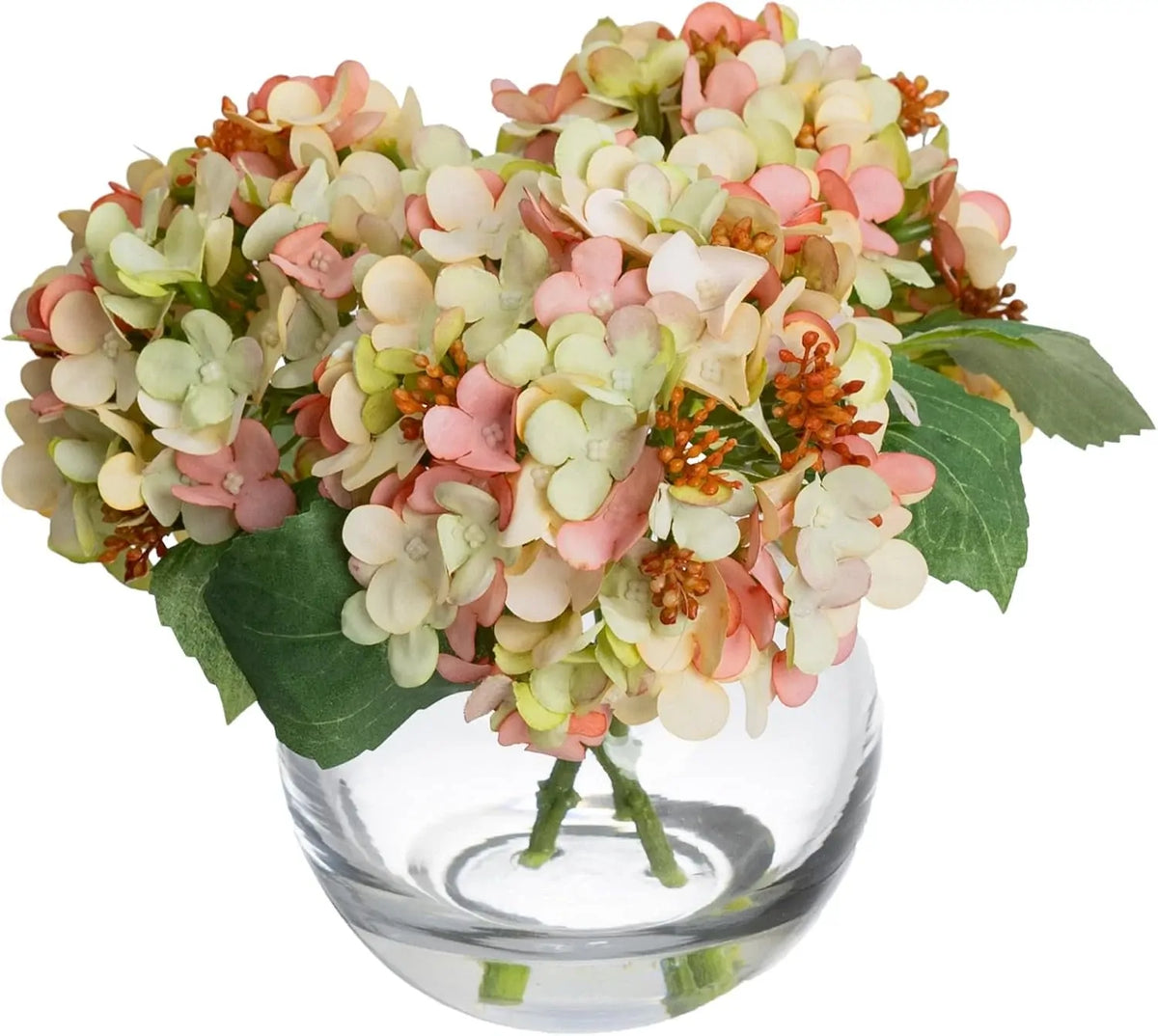 Artificial Flowers 19cm Hydrangea Arrangement in Glass Fishbowl Vase (Pink)