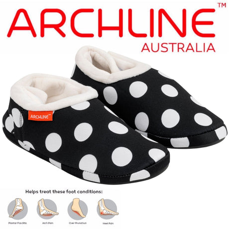 ARCHLINE Orthotic Slippers CLOSED Arch Scuffs Pain Moccasins Relief - Black/White Polka Dots