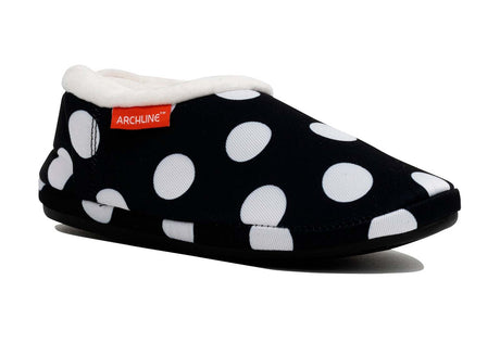 ARCHLINE Orthotic Slippers CLOSED Arch Scuffs Pain Moccasins Relief - Black/White Polka Dots
