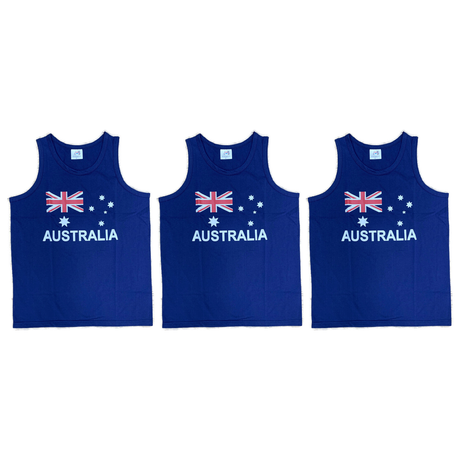 3x Adult Australia Flag Blue Singlet Bulk Pack - 100% Cotton Souvenir Tank Top