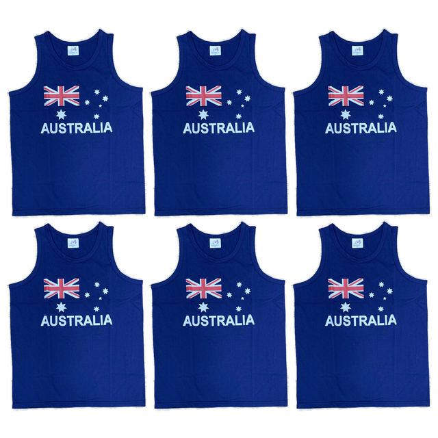 6x Adult Australia Flag Blue Singlet Bulk Pack - 100% Cotton Souvenir Tank Top