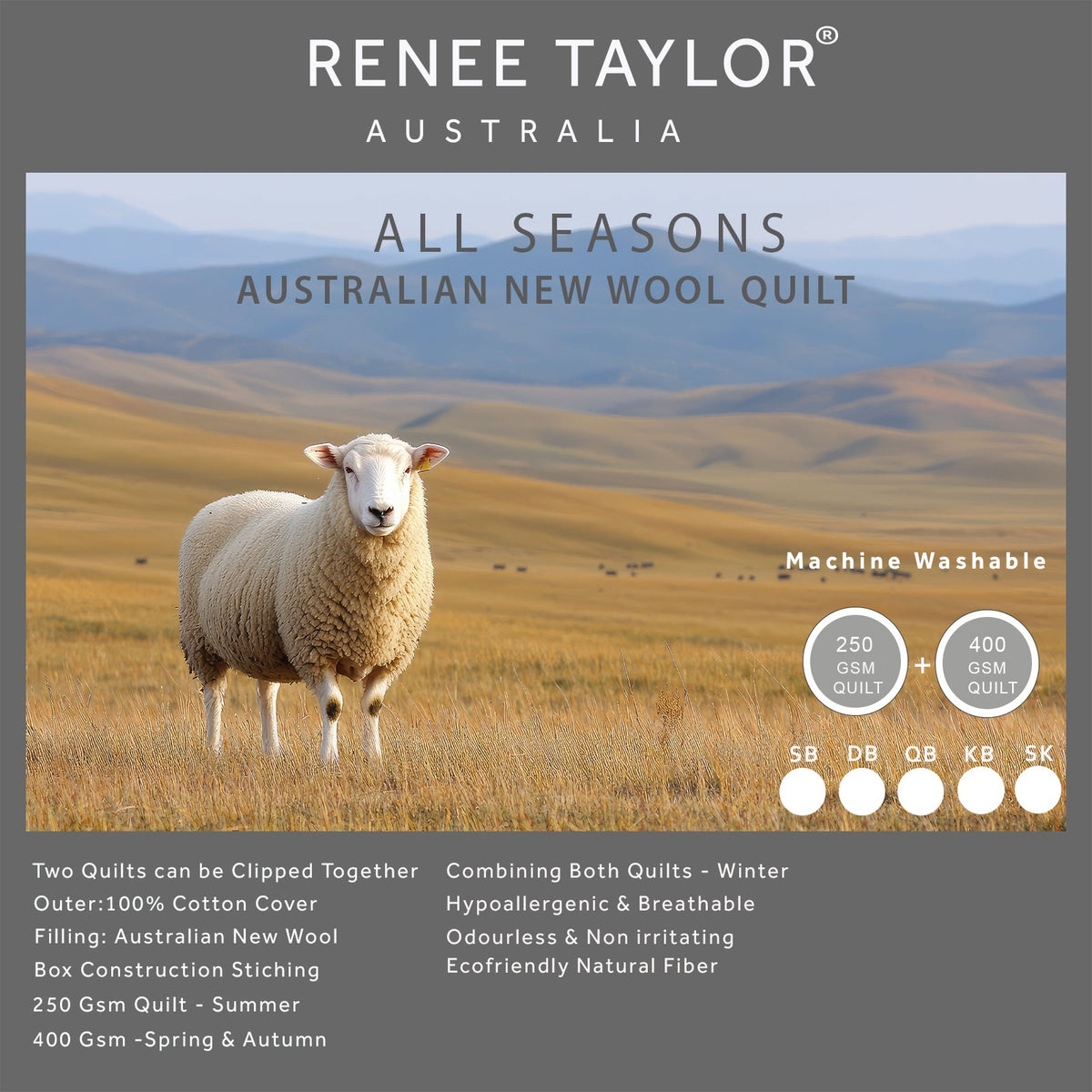 Renee Taylor All Seasons 2-in-1 Australian Wool Quilt (250 + 400 GSM Clip Together)