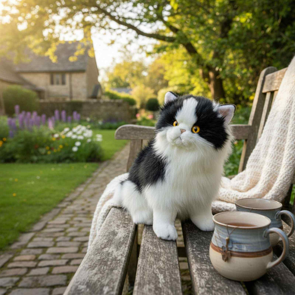 Bocchetta Angus 34cm Sitting Piebald Cat Plush Toy - Black/White (Realistic Stuffed Animal Cat Gift)