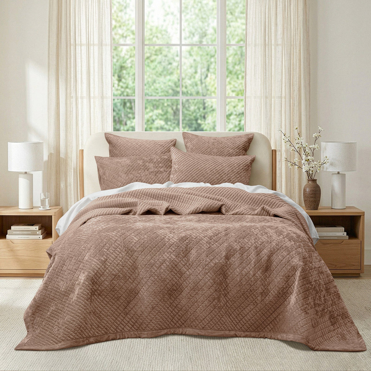 Renee Taylor Archie Cross Stitch Velvet Coverlet Set - Wood (Bedspread with Cotton Reverse)