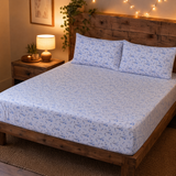 Azure Sprig Pure Cotton Fitted Bed Sheet + Pillowcase Set