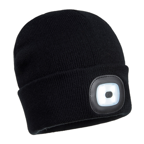 Portwest Black LED Beanie Hat - USB Rechargeable Headlight - Camping Cycling Workwear