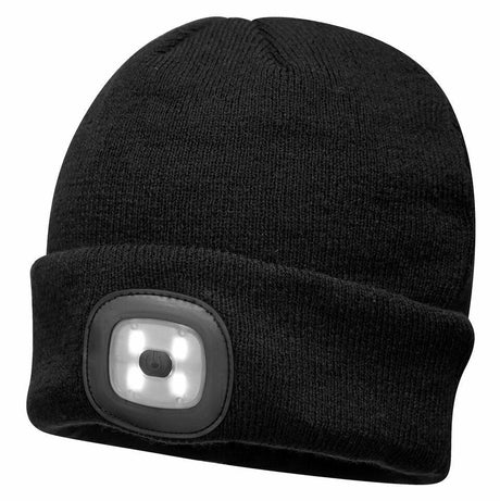 Portwest Black LED Beanie Hat - USB Rechargeable Headlight - Camping Cycling Workwear