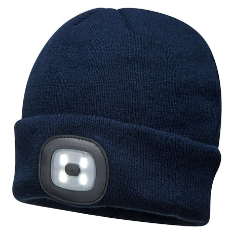 Portwest Navy LED Beanie Hat - USB Rechargeable Headlight - Camping Cycling Workwear