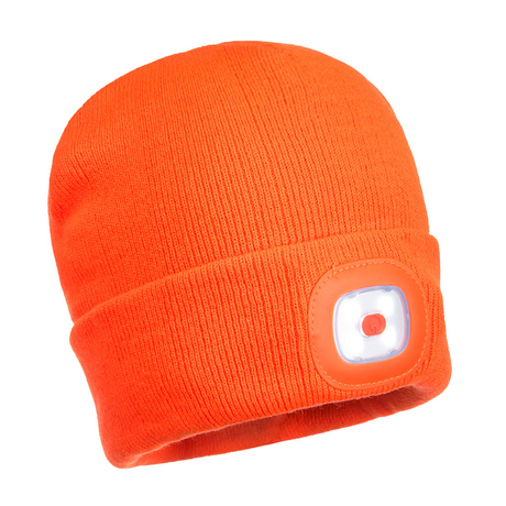 Portwest Hi Vis Orange LED Beanie Hat - USB Rechargeable Headlight - Camping Cycling Workwear