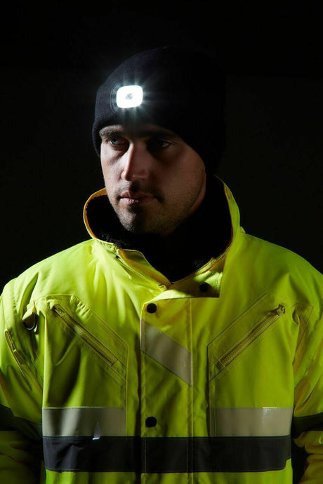 Portwest Hi Vis Orange LED Beanie Hat - USB Rechargeable Headlight - Camping Cycling Workwear