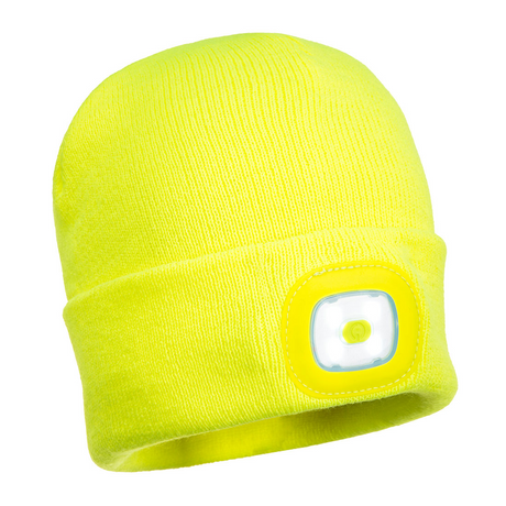PORTWEST Beanie with LED Head Light USB Rechargeable Camping Cycling Workwear Hat - Hi Vis Yellow