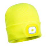 Portwest Hi Vis Yellow LED Beanie Hat - USB Rechargeable Headlight - Camping Cycling Workwear