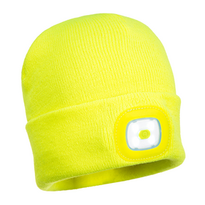 Portwest Hi Vis Yellow LED Beanie Hat - USB Rechargeable Headlight - Camping Cycling Workwear