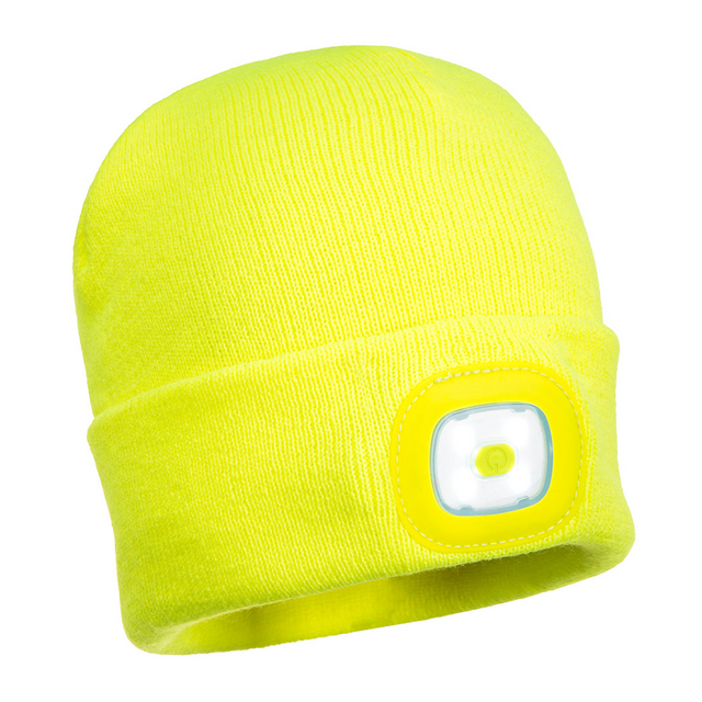 Portwest Hi Vis Yellow LED Beanie Hat - USB Rechargeable Headlight - Camping Cycling Workwear