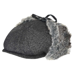 Bailey Duane Mens Ivy Flat Cap Hat - Black (Fold-Down Faux Fur Ear Flaps)