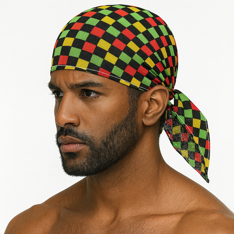 BANDANA Paisley 100% COTTON Head Wrap Durag Bandanna Summer Biker Scarf Mask - Chess Check (Yellow/Green/Red/Black)