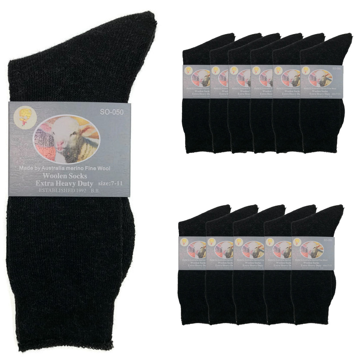 12 Pairs Merino Wool Blend Work Socks Bulk Pack - Black (Heavy Duty Warm Winter Thermal Socks)