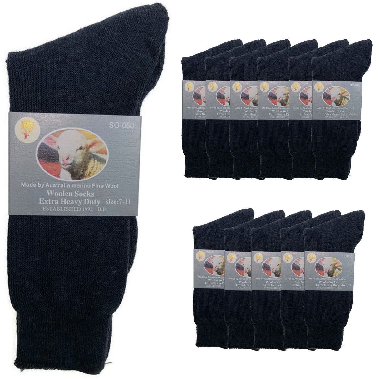 12 Pairs Merino Wool Blend Work Socks Bulk Pack - Navy Blue (Heavy Duty Warm Winter Thermal Socks)