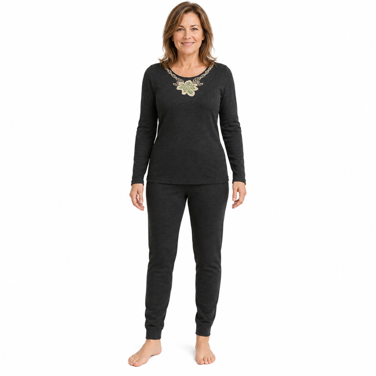 2pc Womens Merino Wool Blend Thermal Set - Black (Base Layer V-Neck Top & Leggings Pants)