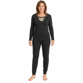 2pc Womens Merino Wool Blend Thermal Set - Black (Base Layer V-Neck Top & Leggings Pants)