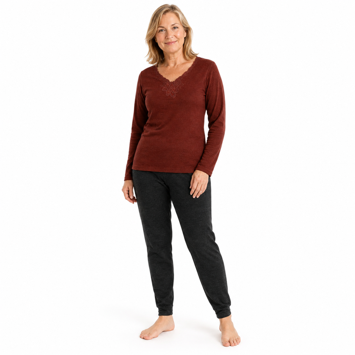 2pc Womens Merino Wool Blend Thermal Set - Burgundy/Black (Base Layer V-Neck Top & Leggings Pants)