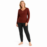 2pc Womens Merino Wool Blend Thermal Set - Burgundy/Black (Base Layer V-Neck Top & Leggings Pants)