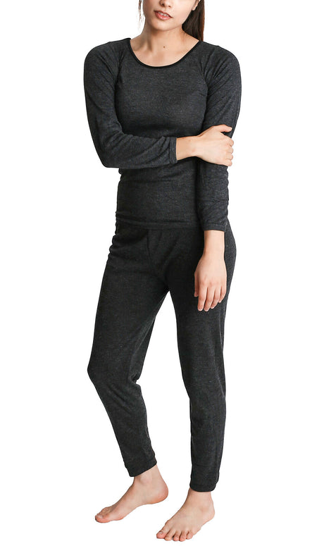 2pcs Womens Merino Wool Blend Top & Pants Thermal Set Leggings Long Johns Underwear - Black - 20-22