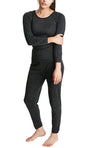 2pcs Womens Merino Wool Blend Thermal Set - Black (Long Sleeve Top & Long Johns Leggings Underwear)