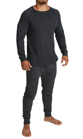 2pcs Mens Merino Wool Blend Thermal Set - Long Sleeve Top & Long Johns Underwear - Black