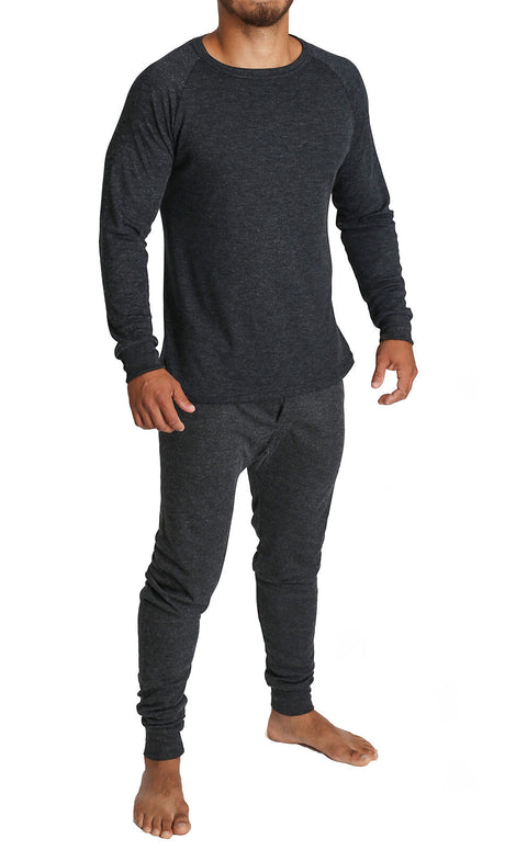 2pcs Mens Merino Wool Blend Thermal Set - Black (Long Sleeve Top & Long Johns Underwear)