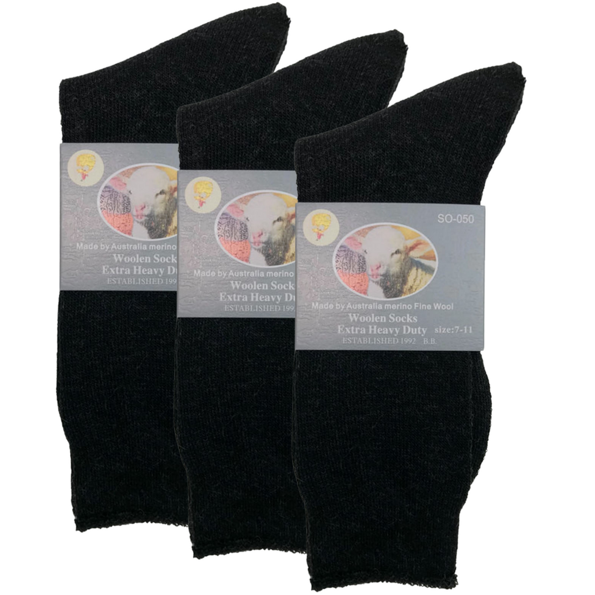 3 Pairs Merino Wool Blend Work Socks Pack - Black (Heavy Duty Warm Winter Thermal Socks)