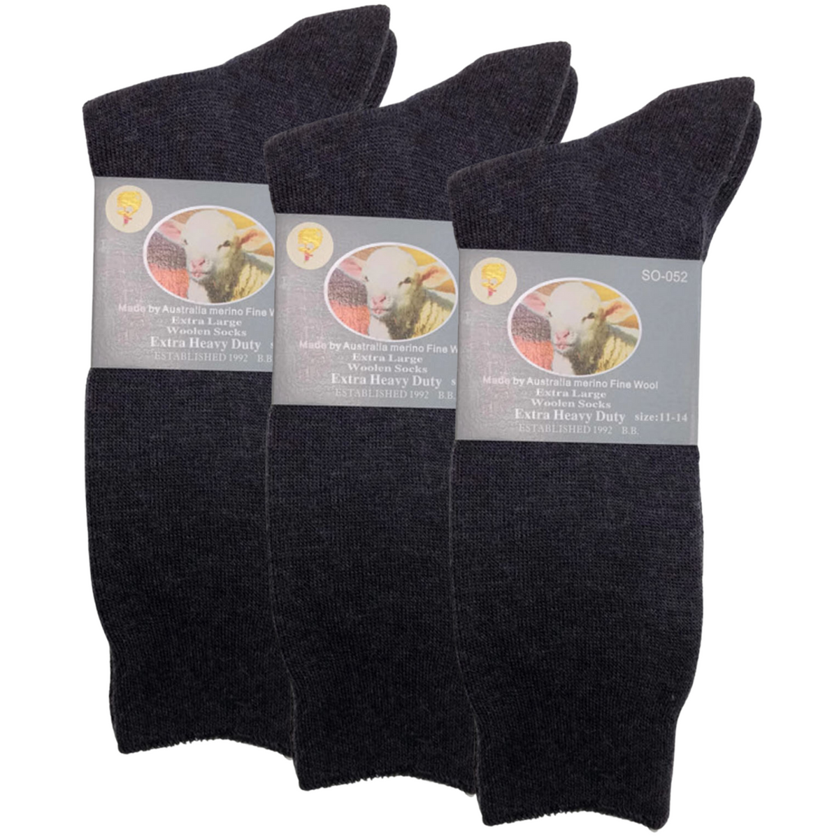 3 Pairs Merino Wool Blend Work Socks Pack - Charcoal (Heavy Duty Warm Winter Thermal Socks)