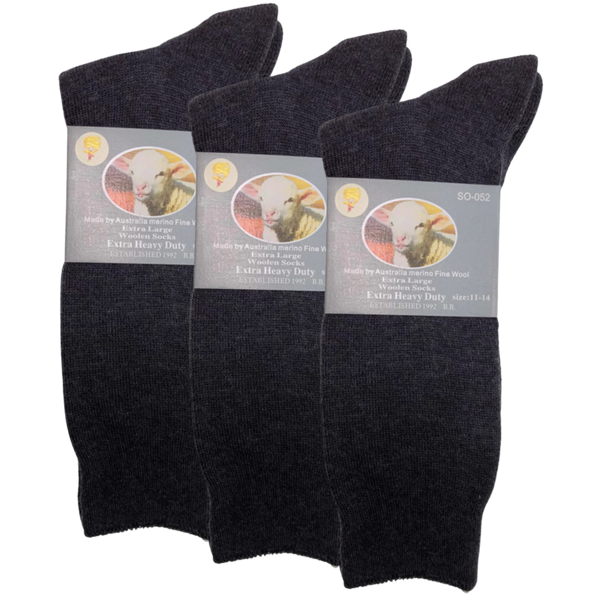 3 Pairs Merino Wool Blend Work Socks Pack - Charcoal (Heavy Duty Warm Winter Thermal Socks)