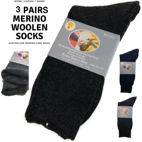 3 Pairs Merino Wool Blend Woolen Work Socks Hiking Heavy Duty Warm Thermal - Black