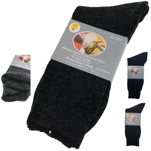 3 Pairs Merino Wool Blend Woolen Work Socks Hiking Heavy Duty Warm Thermal - Black