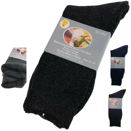 3 Pairs Merino Wool Blend Woolen Work Socks Hiking Heavy Duty Warm Thermal - Black